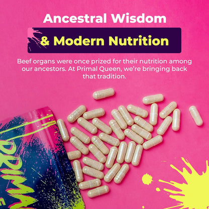 Primal Queen Female-Optimized Beef Organ Superfood Supplement (Beef Liver, Kidney, Heart, &amp; 3 More) - 100% Grass Fed, Pasture Raised - 3rd Party &amp; Clinically Tested
