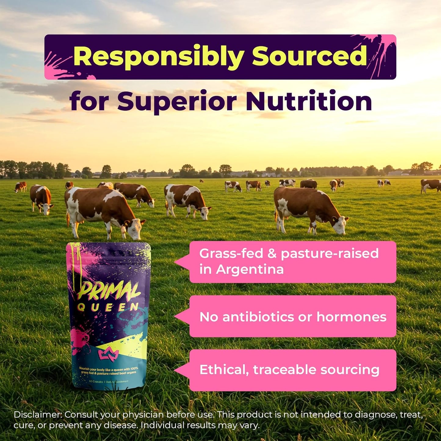 Primal Queen Female-Optimized Beef Organ Superfood Supplement (Beef Liver, Kidney, Heart, &amp; 3 More) - 100% Grass Fed, Pasture Raised - 3rd Party &amp; Clinically Tested