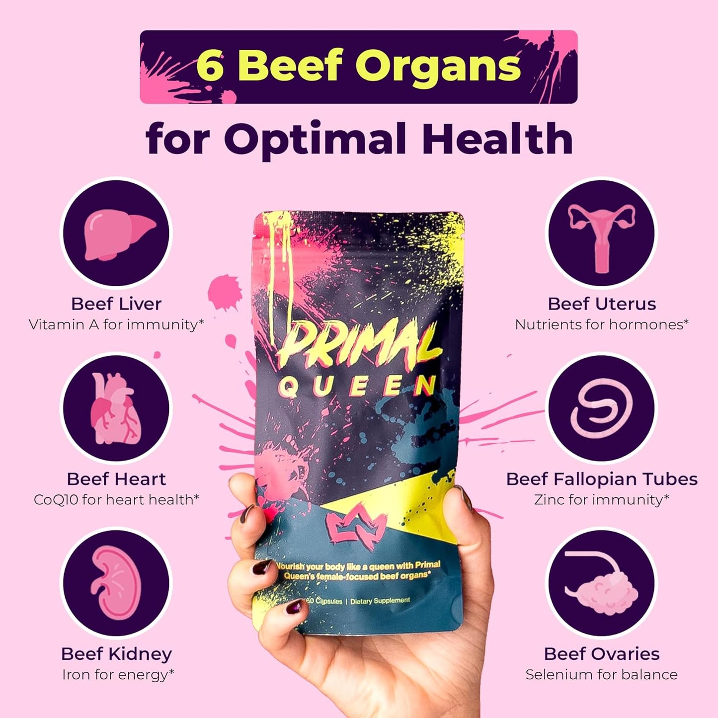 Primal Queen Female-Optimized Beef Organ Superfood Supplement (Beef Liver, Kidney, Heart, &amp; 3 More) - 100% Grass Fed, Pasture Raised - 3rd Party &amp; Clinically Tested